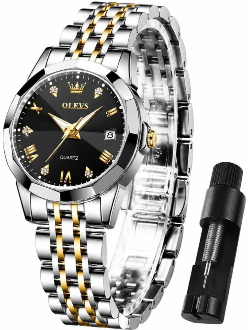 Women’s Black Gold Luxury Stainless Steel Waterproof Quartz Analog Dress Watch